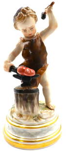 19th Century Meissen Porcelain Figurine of Putti Cupid Cherub Blacksmith With Heart on Anvil: Large 7.25" 19th Century Meissen Porcelain Figurine of Putti Cupid Cherub Blacksmith With Heart on Anvil Meissen Blacksmith Cherub with Heart On Anvil The cherub is dressed in a blacksmith apron and h