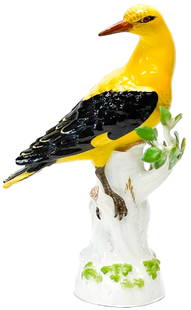 Meissen Porcelain Golden Oriole Bird Louis XVI Style Figurine 19th Century: Large 10.5" Meissen Germany Hand Painted Porcelain Golden Oriole Bird Louis XVI Style Figurine 19th Centurybird is naturalistically modeled and perched on white birch tree stumps with leaves and