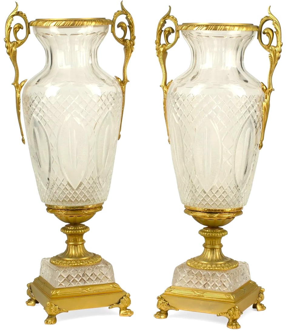 Large Pair of Louis XVI Style Bronze Giltmetal Mounted Cut Crystal Glass Urns Vases (1 of 6)