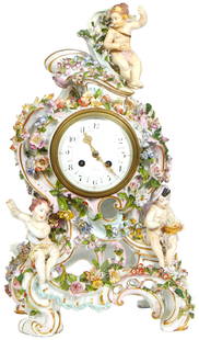 Samson Meissen Style Porcelain Figural Clock 20th Century with a Putto and Floral Encrusted Crest: Samson Meissen Style Porcelain Figural Clock 20th Century with a Putto and Floral Encrusted CrestFigural Clock, 20th Century with a putto and floral encrusted crest, over an enamel dial time and