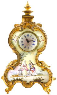 19th Century Viennese Rococo Revival Ormolu and Enamel Desk Clock: 19th Century Viennese Rococo Revival Ormolu and Enamel Desk ClockViennese Rococo Revival ormolu and enamel desk clock, mid to late 19th CenturyGilded bronze frame featuring a domed top with incut