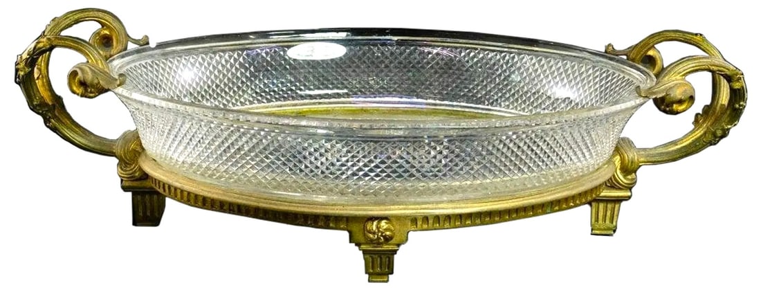 Large Antique French dore bronze Oval Crystal Glass Centerpiece Bowl (1 of 4)