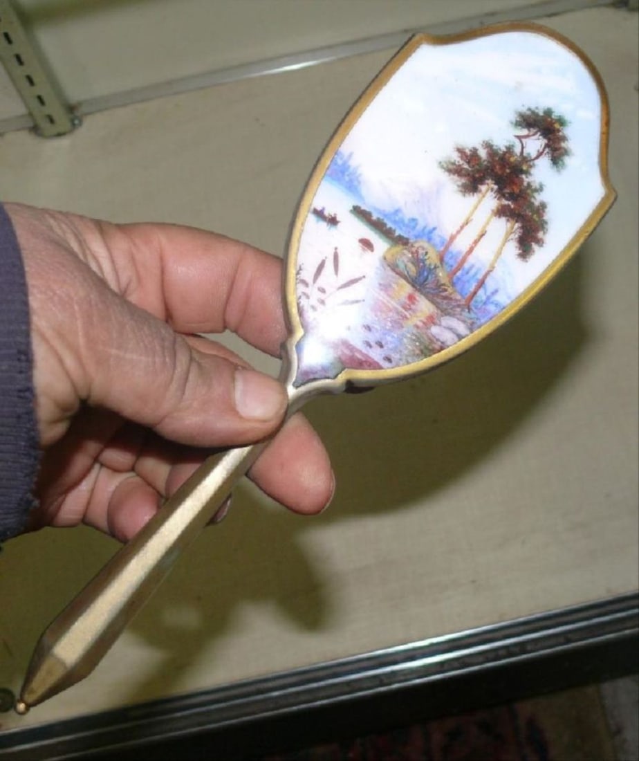 Enamel Porcelain Hand Held Oval Mirror W/Tropical (1 of 2)
