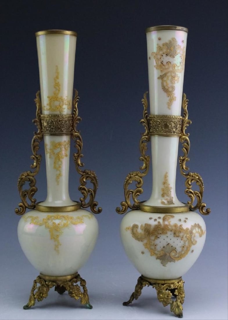 Mounted Pair Antique Egg Shell Bristol Glass Vases (1 of 8)