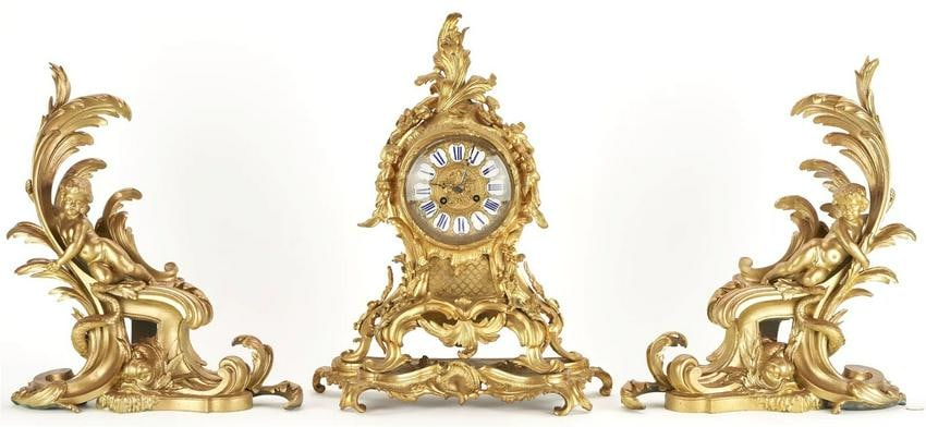 19th C. Pair Louis XV Style Bronze Chenets & French Rococo Style Bronze Clock (1 of 16)