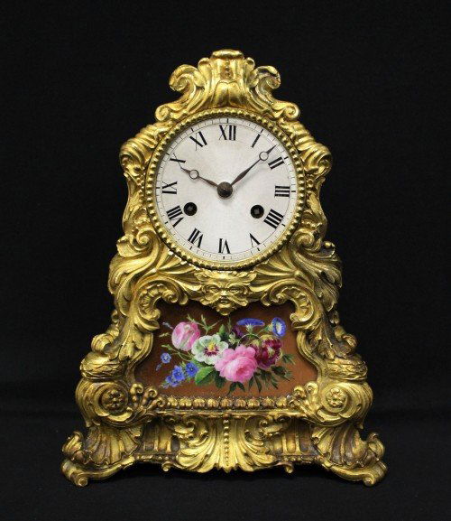 19th century kpm style and gilt bronze clock: 19th century kpm style and gilt bronze clock. MEASURES H: 9" W: 7"