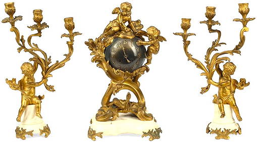 A French Gilt Ormolu Bronze Marble Clock Set Garniture (1 of 5)