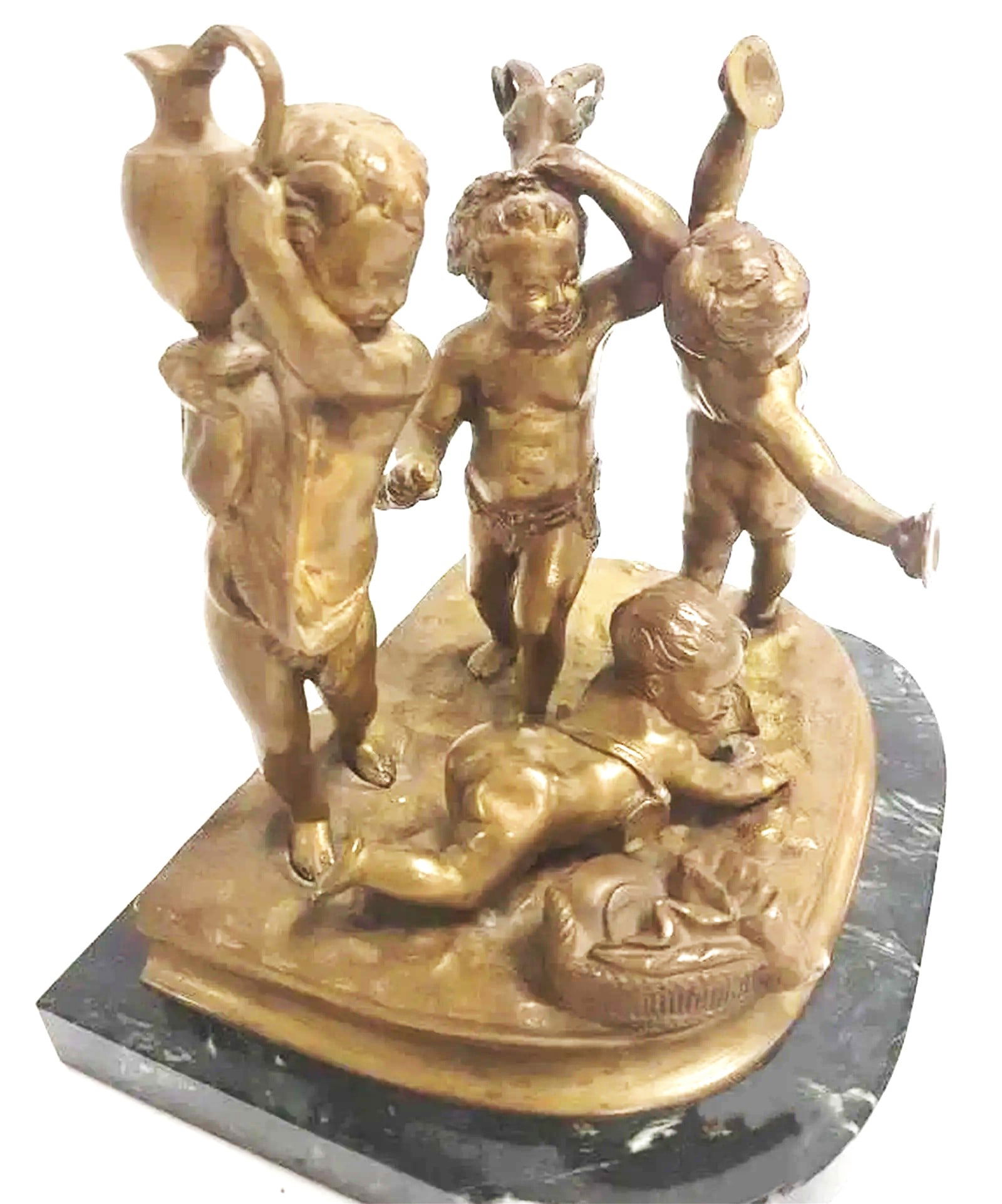 Bronze cherub figural group of Four Putti and a goat on a marble base (1 of 5)