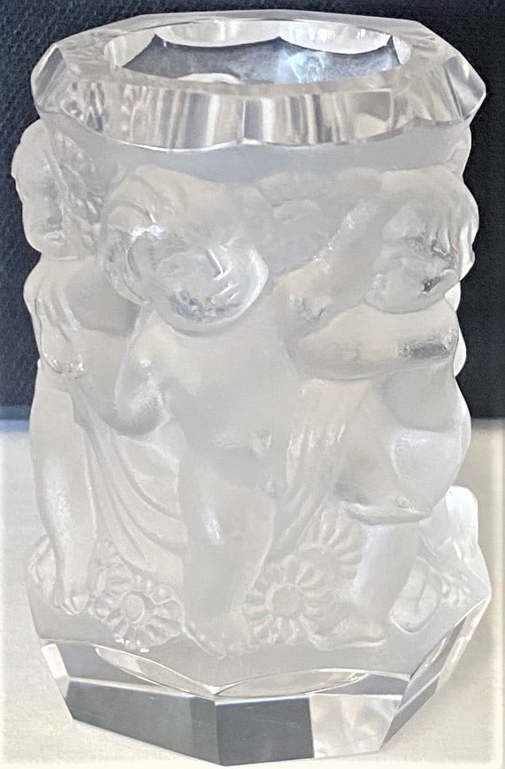 Czech Art Glass Vase with Enfants in the Manner of Lalique: Czech Art Glass Vase with Enfants in the Manner of Lalique Measures 4" Tall