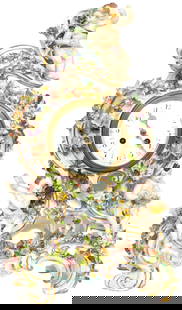 Samson Meissen Style Porcelain Figural Clock 20th Century with a Putto and Floral Encrusted Crest: Samson Meissen Style Porcelain Figural Clock 20th Century with a Putto and Floral Encrusted CrestFigural Clock, 20th Century with a putto and floral encrusted crest, over an enamel dial time and