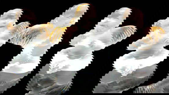 3pc Lalique Frosted Crystal Figurines, Elton John Cherubs: 3pc Lalique Frosted Crystal Figurines, Elton John CherubsGold edition #2248Figures have gilding on the head and wingsLalique etched mark on bottomLargest piece: 2.25" L x 2" W x 3" HManufacturer: