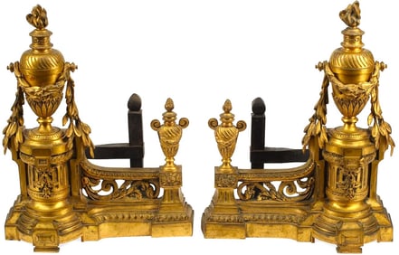 Pair of Louis XVI Style French Gilt Ormolu Bronze Rococo Iron Chenets Andirons