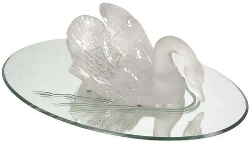 Lalique Crystal Frosted Cygnes Swan Glass Sculpture w/ Mirror Mirrored Plateau