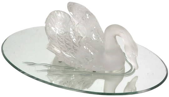 Lalique Crystal Frosted Cygnes Swan Glass Sculpture w/ Mirror Mirrored Plateau: Lalique Crystal Frosted Cygnes Swan Glass Sculpture w/ Mirror Mirrored PlateauA Lalique French art glass centerpiece in the Cygnes patternCrystal swan figure with a frosted polished finish, looking