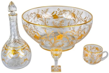 Antique Bohemian Gold Enameled Art Glass Punchbowl Service