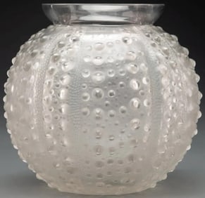 R. Lalique Clear and Frosted Glass Oursin Vase with Gray Patina Circa 1935