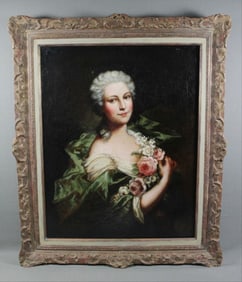 Framed Oil On Canvasof Woman W/ Flowers