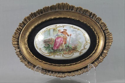 A Hand Painted Porcelain Plaque Signed In Gold Wood