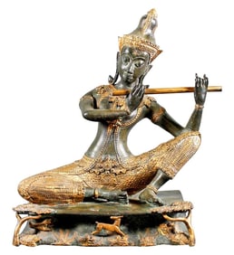 Thai Gilt Bronze Of A Goddess Playing Flute
