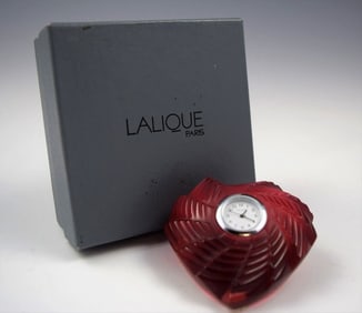 Lalique Ruby Red Crystal Heart St. Valentine Desk Clock