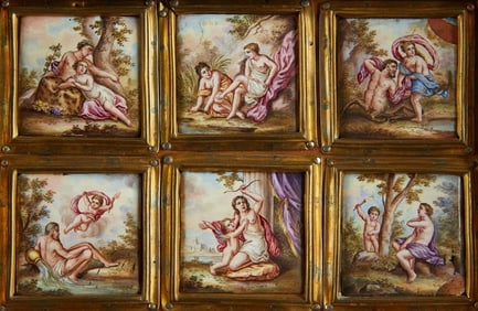 Group of six Antiques 19th C. French Enamel Miniatures on Copper Plaque