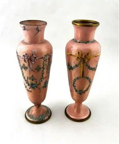 Pair of Antique French Enameled Copper Vases