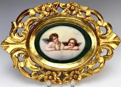 Antique Painted Plaque of 2 Cherubs C.1900