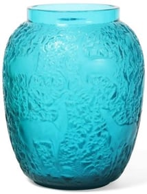 Lalique France Rare Blue Biches Crystal Glass Vase Signed Mint