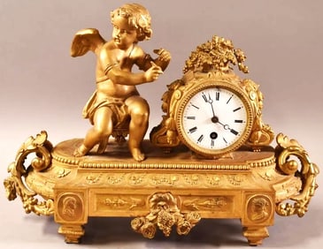 Large 17" Antique French Gilt Metal Cherub Mantel Clock