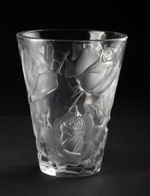 Large French Crystal Vase by Lalique Model Ispahan with Etched & Frosted Roses