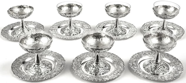 Six silver Plate fruit Compotes with Crystal Inserts and Also Six Matching Underplates 6.5"