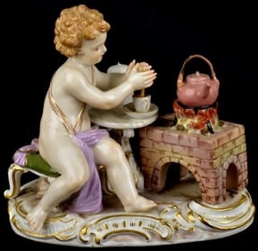 19th Century Meissen Seated Putti Figure with Chocolate and Tea Pots
