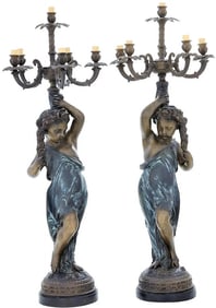 Pair of Patinated Bronze Figural Candelabra