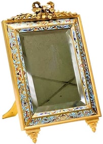 Large 12.25" French Champleve Enamel & Gilt Bronze Vanity Table Mirror