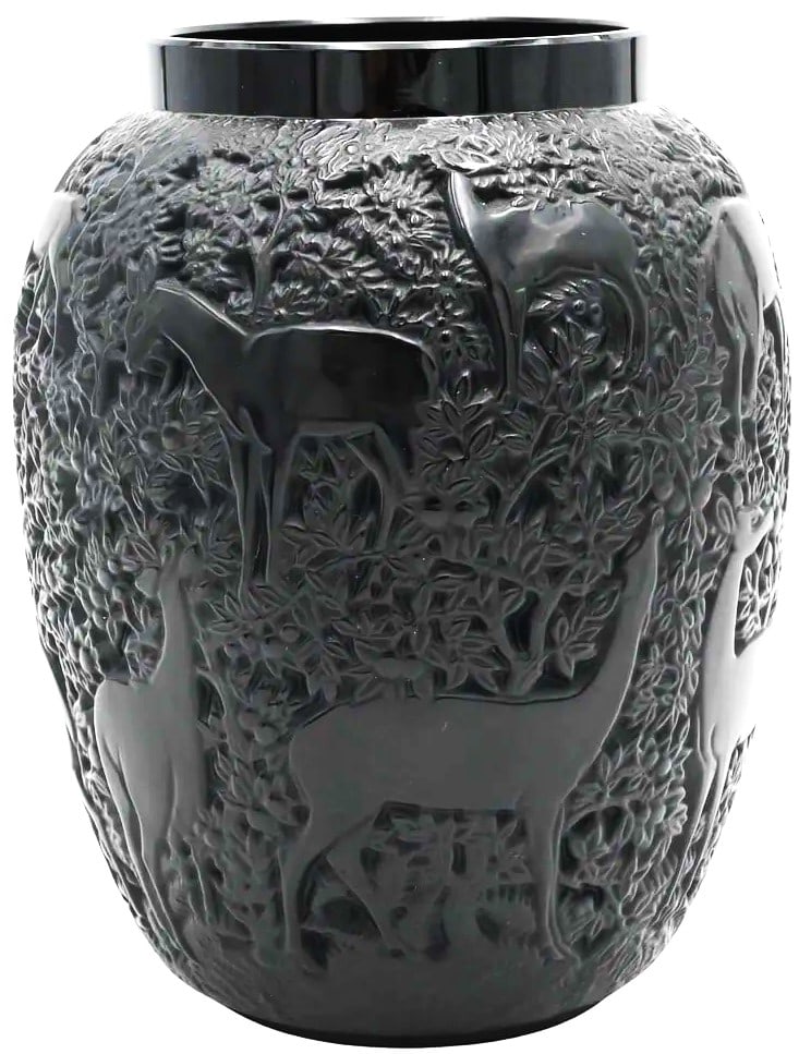 Black Lalique Biches Crystal Flower Vase Forest Deer Design (1 of 2)