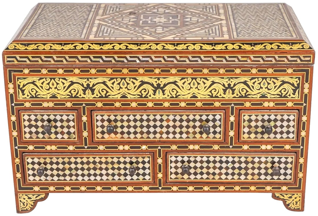Large Antique Islamic Syrian intricate Style Levantine Inlaid Wood Mother Pearl Trinket Cabinet Box: Large Antique Islamic Syrian intricate Style Levantine Inlaid Wood Mother Pearl Trinket Cabinet Jewelry Box With a hinged top and five drawers Middle Eastern Asian Mosaic Wood Box with Inlays of Bone