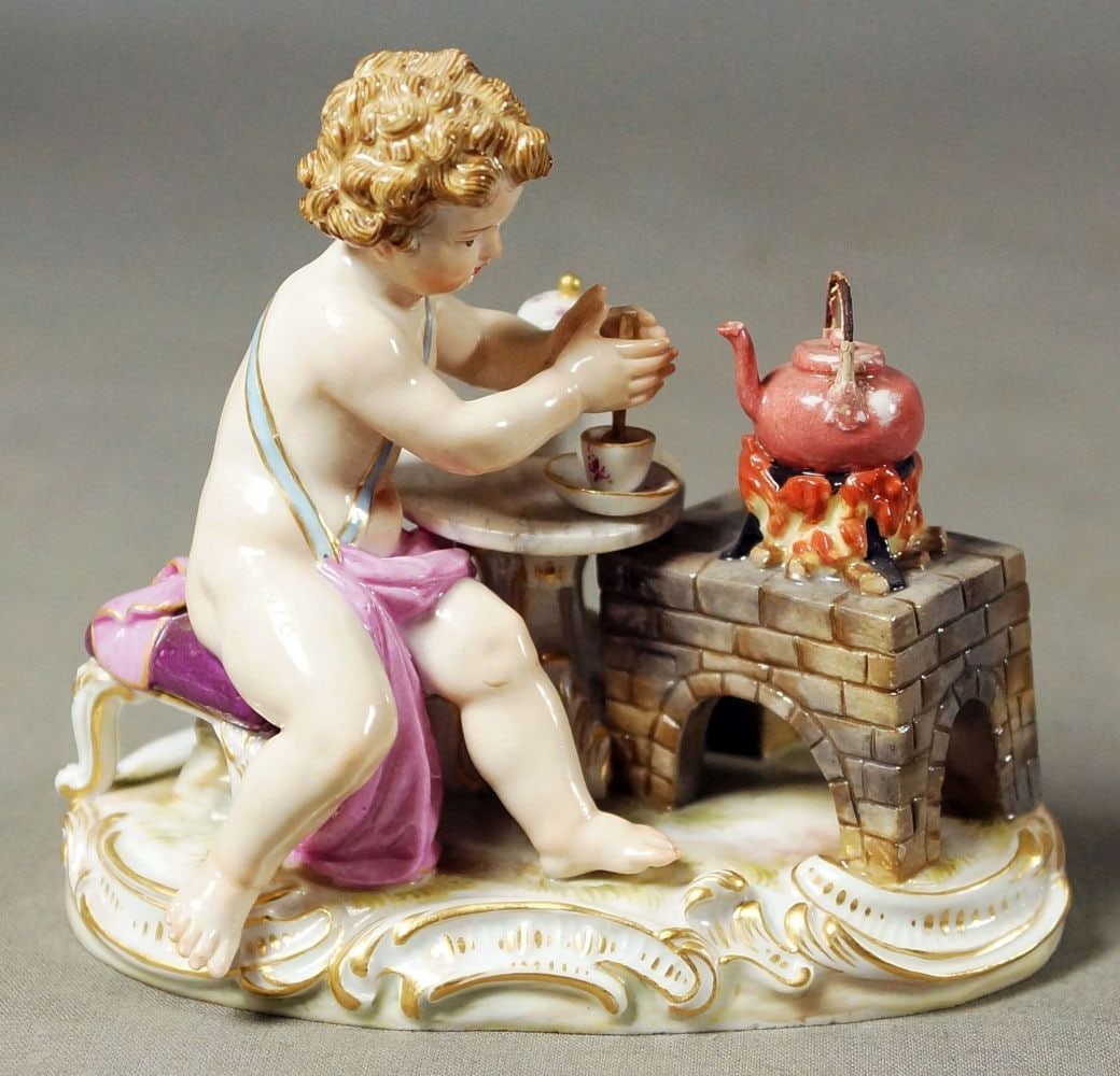 Meissen Cherub Figure Of Teamaker: 4.5" W 4" H 2.5" D Meissen porcelain or Meissen china was the first European hard-paste porcelain. Early experiments were done in 1708 by Ehrenfried Walther von Tschirnhaus. After his death that Octob