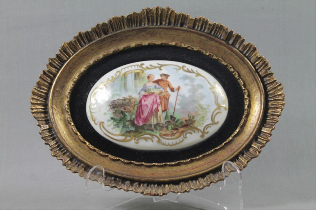 A Hand Painted Porcelain Plaque Signed In Gold Wood (1 of 4)
