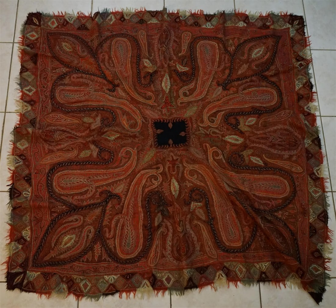 Antique 19th C. Black and Red Woven Paisley Wool Shawl Throw Kashmir (1 of 6)