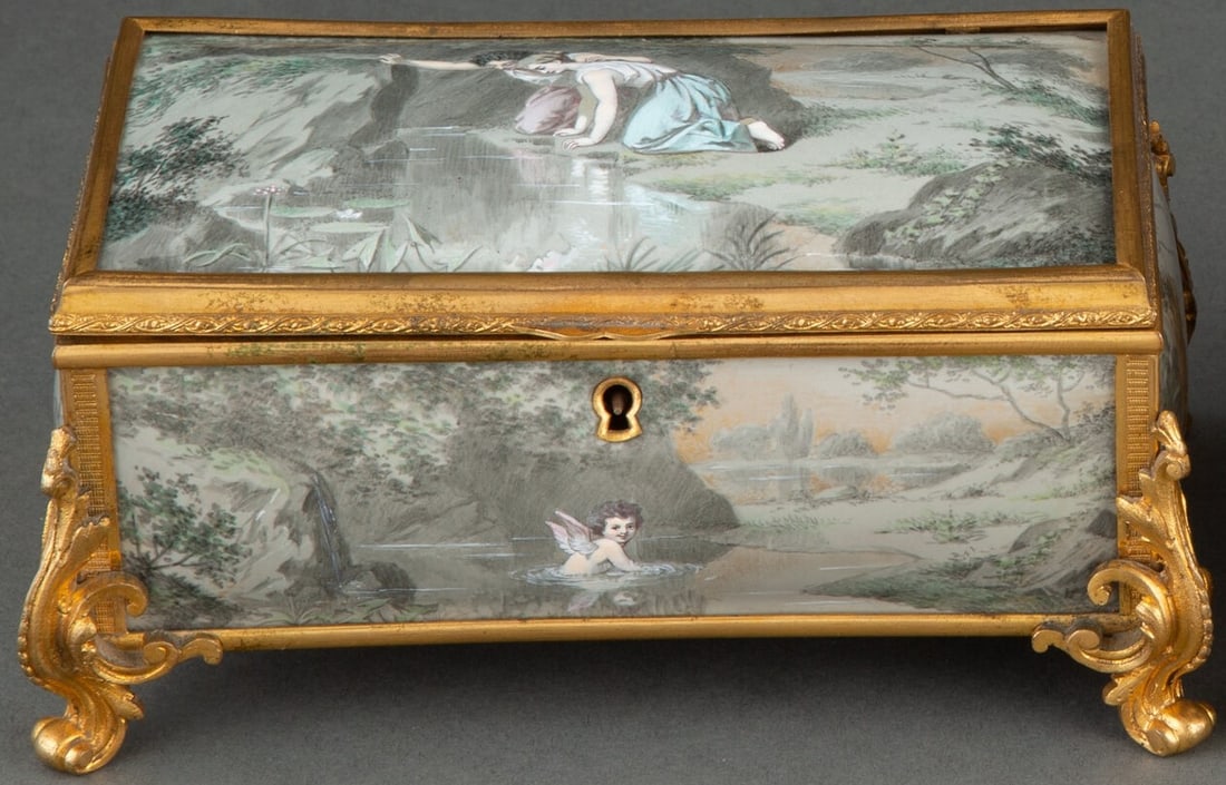 Large Antique 19th C. Continental Enameled Copper and Gilt Metal Jewelry Table Box (1 of 1)