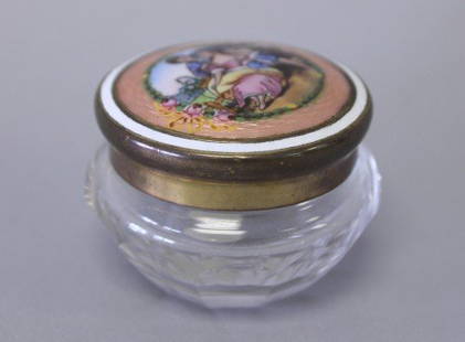 LIMOGES ENAMEL AND CUT GLASS BOX: LIMOGES ENAMEL AND CUT GLASS BOX. MEASURES H: 1 1/4" W: 2"