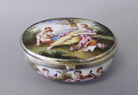 VIENNESE ENAMEL BOX ON SILVER METAL: VIENNESE ENAMEL BOX ON SILVER METAL. MEASURES H: 1 /12" W: 2 3/4"