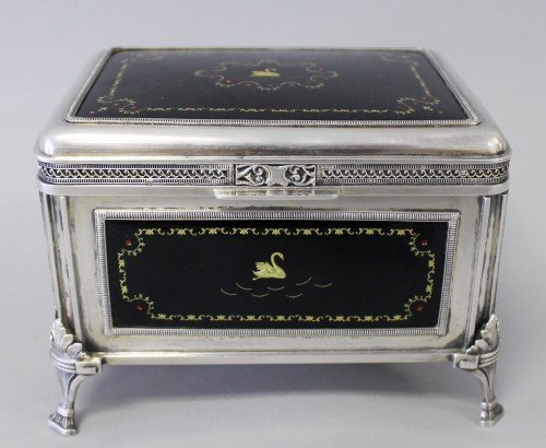 ANTIQUE FRENCH SILVER AND ENAMELLED GLASS BOX: ANTIQUE FRENCH SILVER AND ENAMELLED GLASS BOX. MEASURES H: 3 3/4" W: 5"