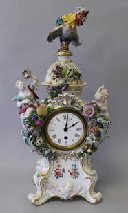 19TH CENTURY MEISSEN CLOCK: 19TH CENTURY MEISSEN CLOCK WITH CROSSWORDS MARKS AND INCISED NUMBER. MEASURES H: 20" W: 10 1/2"