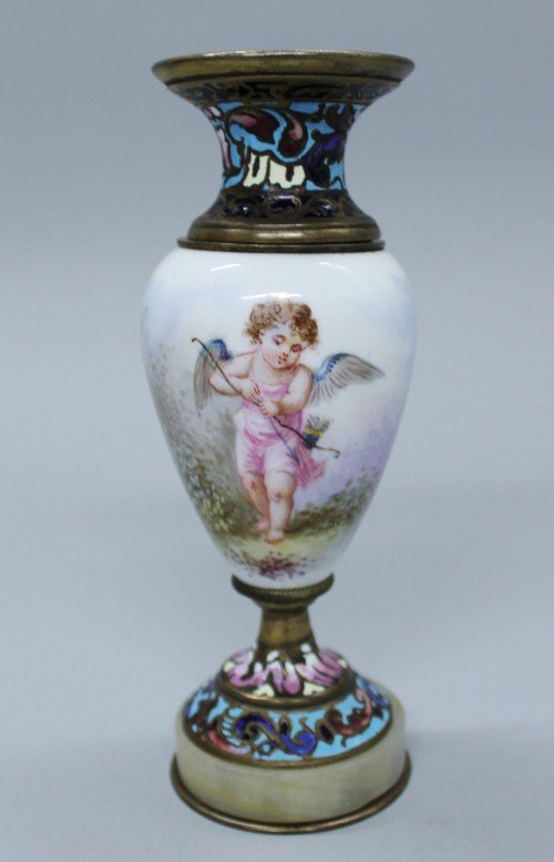FRENCH CHAMPLEVE ENAMEL AND PORCELAIN VASE: FRENCH CHAMPLEVE ENAMEL AND PORCELAIN VASE. MEASURES H: 5 1/4"