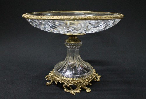 ITALIAN LEAD CRYSTAL BOWL - BRASS TRIM AND BASE: ITALIAN LEAD CRYSTAL BOWL - BRASS TRIM AND BASE - HAND CUT LEF DESIGN ON CRYSTAL - 10L" x 10W" x 12H"