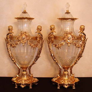 BACCARAT STYLE PAIR OF BRONZE AND GLASS URNS: BACCARAT STYLE PAIR OF BRONZE AND GLASS URNS. MEASURES H: 29 1/2" W: 15 1/2"