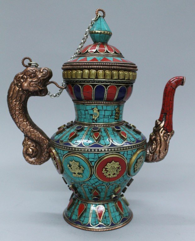 NEPAL CEREMONIAL TEAPOT TURQUOISE LAPIS AND CORAL: NEPAL CEREMONIAL TEAPOT TURQUOISE LAPIS AND CORAL. MEASURES H: 10" W: 8 1/2"