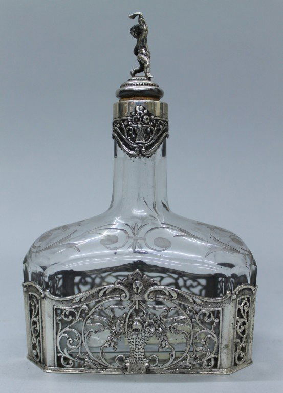649 STERLING SILVER AND GLASS ETCHED BOTTLE/DECANTER