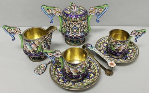 RUSSIAN ENAMEL TEA SET MARKED: RUSSIAN ENAMEL TEA SET MARKED. MEASURES FROM H: 2 3/4" TO H: 5"